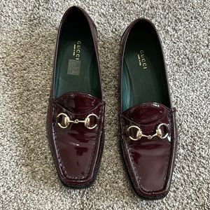 Gucci Cathrine Horsebit Wine Colored Patent Leather Moccasins 38.5